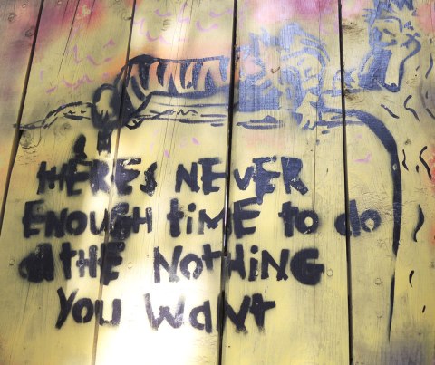 graffiti and street art in Graffiti Alley in Toronto - a stencil that looks like a Calvin and Hobbes cartoon, both characters are sitting on a tree branch, Hobbes is stretched out and sleeping, Calvin is sitting.  THe words 'There's never enough time to do all the nothing you want