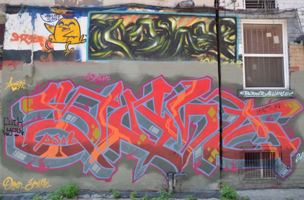 a wall of a building in an alley, including the door, is cover with a red tag, a small uber 5000 bird and the remains of a greenish coloured tag.