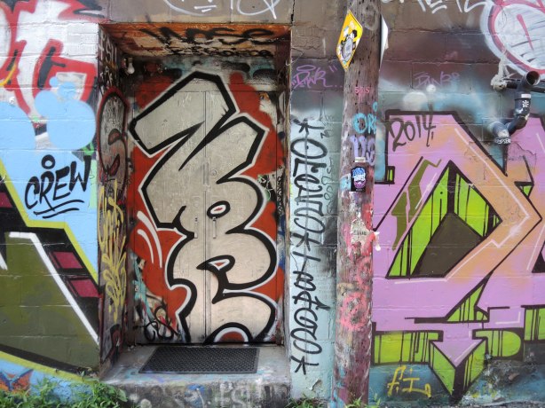 messy tags and scribbles on and around a door in an alley