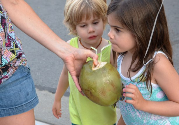 A young boy looks longinly at his sister who is drinking coconut water from a coconut with a straw. He is trying to reach his own straw