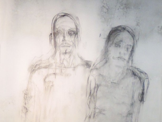 Part of an art installation at Union Station, paint on glass panels - a rough drawing, black outline with some grey shading of a couple