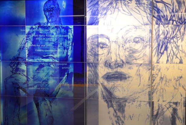 part of an art installation, paintings on glass panels, on the left side is a man on blue and on the right is a woman's head drawn in blue 