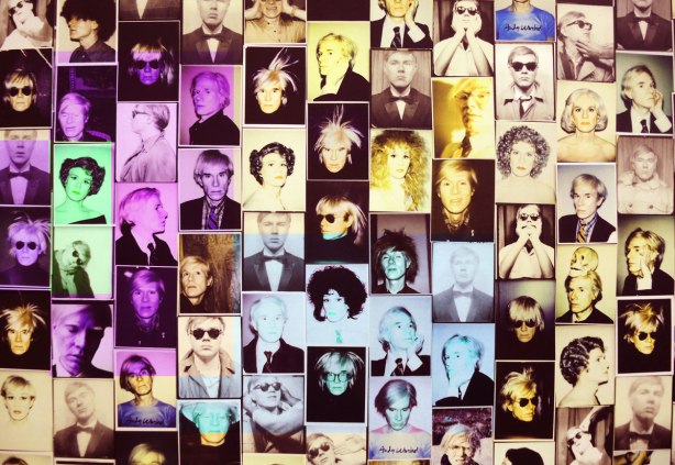 A collage of photos of Andy Warhol, many photos, about 100 or more 