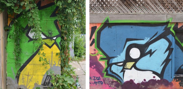 two street art pictures that look a bit like angry birds