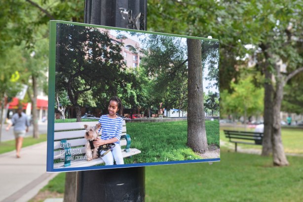 A picture of a girl with a dog on a bench is posted on a lamp post as part of an exhibit for the Pan Am games, a bench in the park is in the background