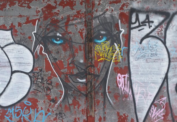 A face painted on a garage door.  bright blue eys, otherwise drawn with just black lines.   by the artist anser