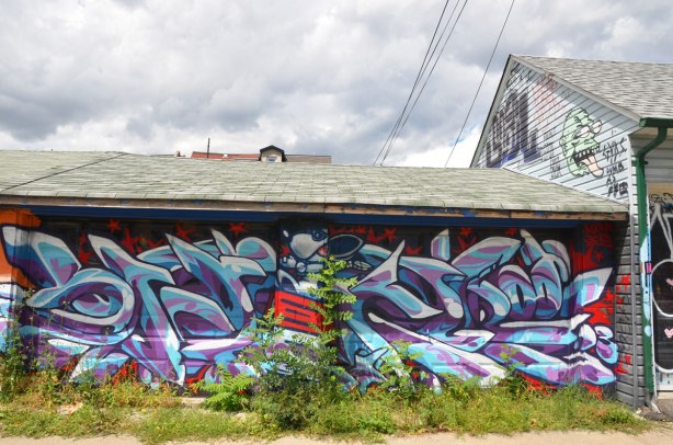 street art on a garage door in a laneway, dog riding on top of a doghouse, sort of like Snoopy did 