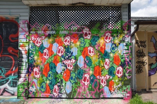 A garage door in an alley that has been painted with many brightly coloured skulls