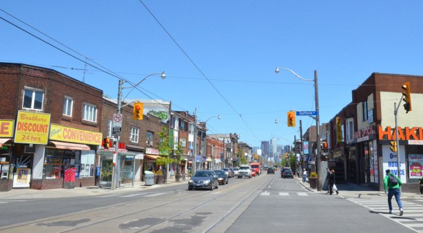 view of Dundas St. West, looking eastward towards downtown from the intersection with Dufferin St. 