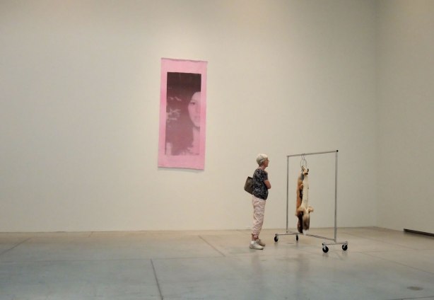 A woman is in a large room at the Art Gallery of Ontario, she is looking at an art installation that involves skins of dead animals hanging from garment racks. A pink picture of a woman hangs on the wall.