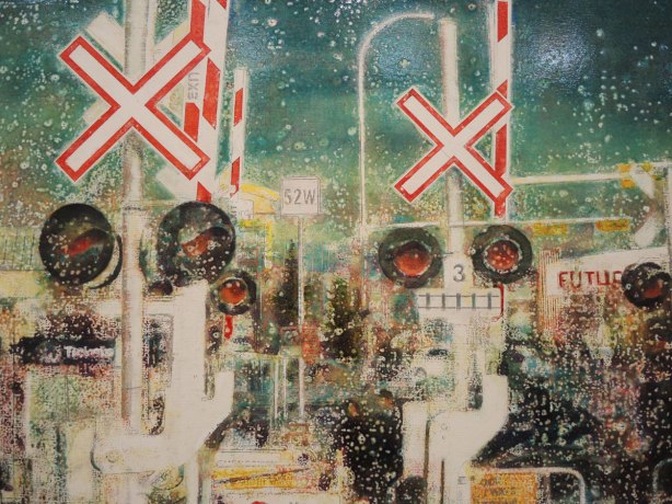 close up of a painting of a large number of railway crossing signs.