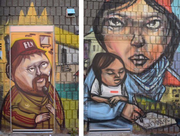 two pictures, both part of a mural by elicsr. On the left is a man in a brown and olive green adidas jacket. He is wearing a brown baseball cap with the letters ELX on it. On the right is a picture of a woman with her arm wrapped around a young girl. She is writing a letter. 
