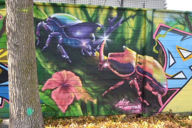 street art mural by Nick Sweetman of two large beetles and a pink flower, on a wall, St. Helens Ave in Toronto