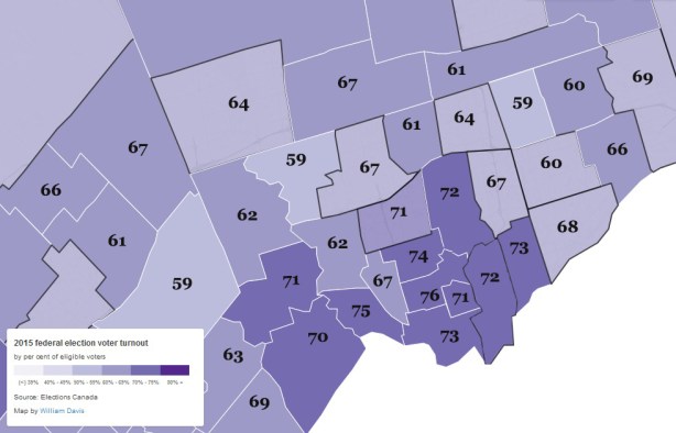 map showing the voter turnout in each riding in the Toronto area in the 2015 federal election
