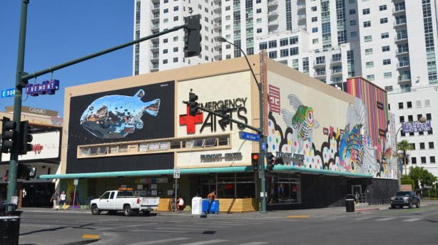 The Emergency Arts building on the corner of Fremont and 6th Street in Las Vegas. A giant street art fish is one one wall