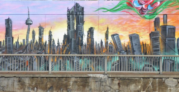 part of a larger mural on an underpass in Toronto, on Lawrence West, an apocalyptic view of Toronto with the CN Tower and downtown skyscrapers crumbling in a lifeless city