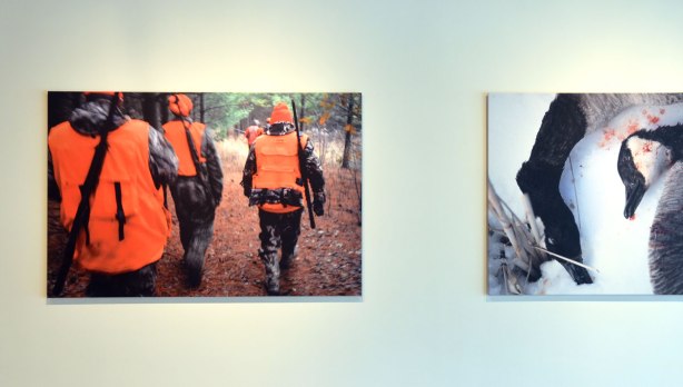 A picture of a large photograph of people in orange vests and hats as they set out with their rifles on a hunting trip. To the right is part of a picture of dead geese but only part of it is visible