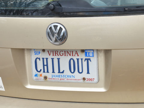 A car with a Virginia state licence plate that says Chil Out