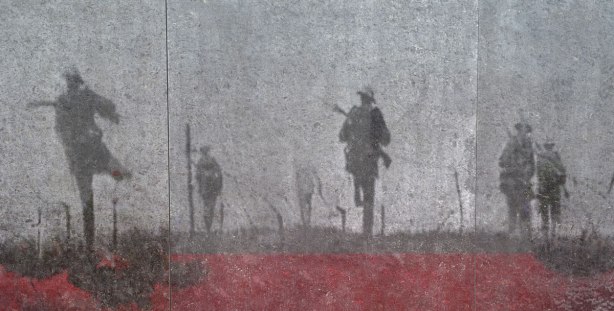 An etching of men running across a battlefield with rifles at the ready.