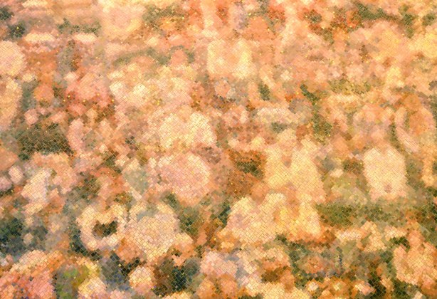 close up of a mural made of mosaic pieces, people seated in an arena is the subject of the mural