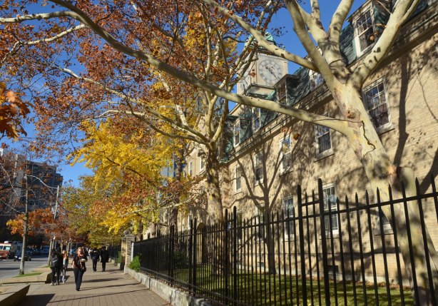 college on St. George Street, front of the building with black wrought iron fence in front of it along with a few mature trees with some yellow and rust coloured leaves still on them. The clock tower is visible through the tree branches. There are people on the sidewalk in front of the building. 