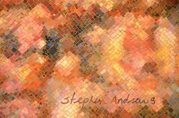 close up of a mosaic by Stephen Andrews with his signature on it.