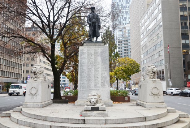 statue and memorial at University and Elm streets.