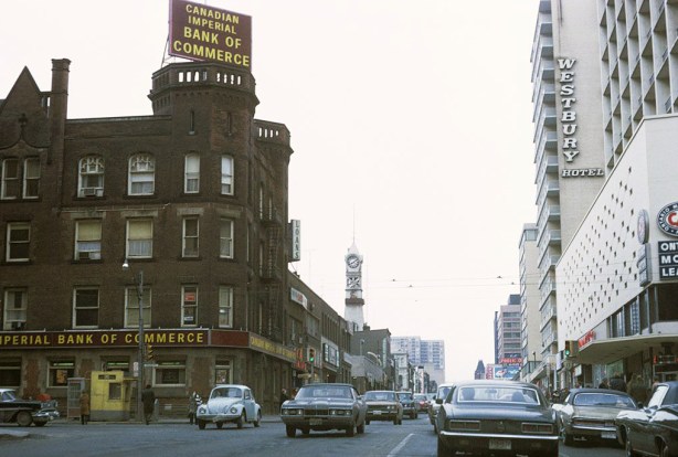 old photo from about 1970 looking north up Yonge Street from College Street. Oddfellows Hall is on one corner with main tenant as Canadian Imperial Bank of Commerce. Old fire hall tower is in the distance. 