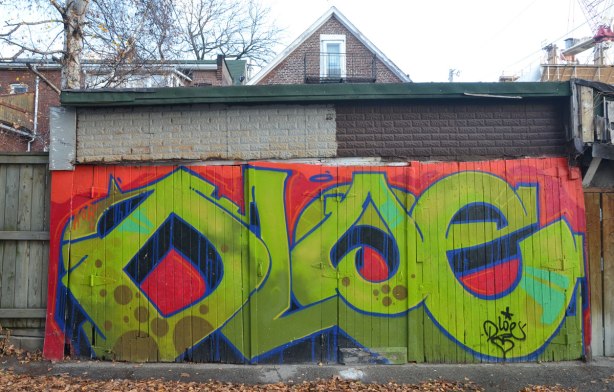 D loe tag graffiti on a wood garage door, green letters on orange background