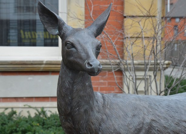 part of an art installation by Eldon Garnet called inversion - the head of a deer in front of a building