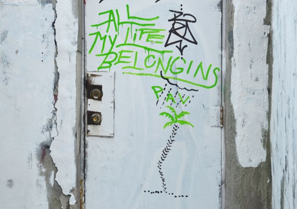 graffiti on a white door in an alley, the words All My life Belongins Pain with a small drawing of a palm tree 