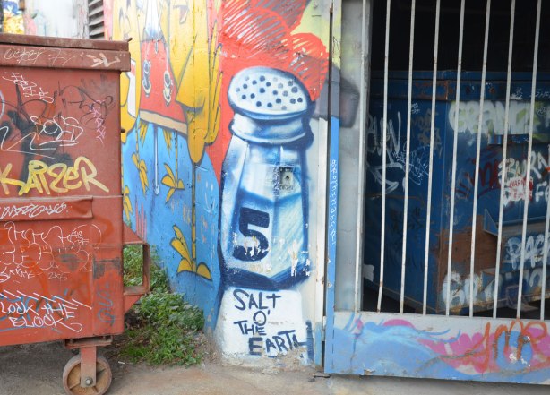 graffiti street art in an alley - a large salt shaker with the words Salt o' the Earth written below it. A garbage bin is beside it.