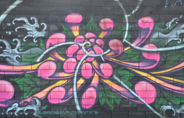 street art painting on a laneway garage door, pink and grey swirls and blobs, plant-like shapes. 