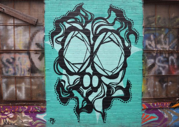 alley laneway streetart by artist PK of a stylized face, or could be a skull - intricate black line drawing of skull and facial features on teal background