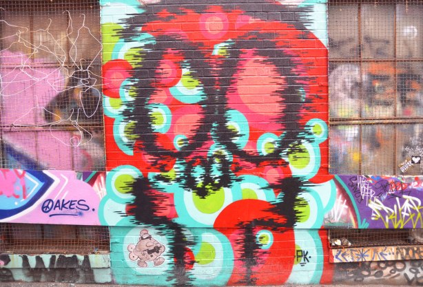 alley laneway streetart by artist PK of a stylized face, or could be a skull - black spray paint outlines of features on multicoloured background - on a brick wall between two windows, small turtlecaps paste up also in the picture