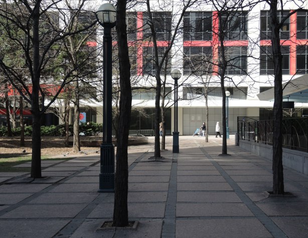 A number of leafless trees and three lamp posts in Simcoe Place, downtown Toronto, with the CBC building in the background
