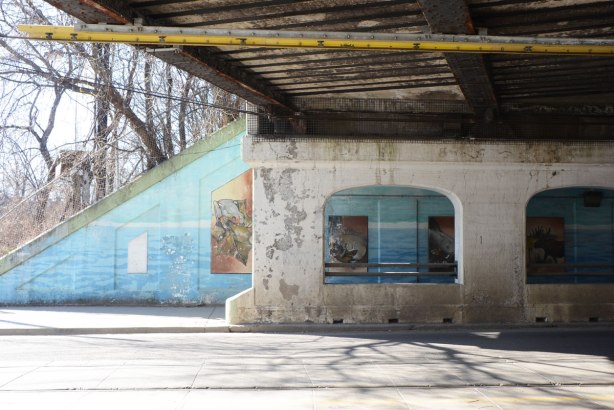 A small section of the railway bridge over Queen St. East near De Grassi. The far wall is painted light blue and there are picture of animals on it.