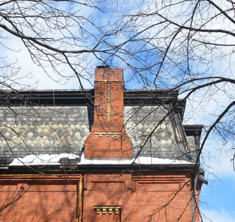 leafless tree branches above an older red brick house with a mansard black slate roof and a feww yellow brick details