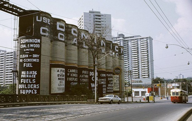picture of the Dominion Coal and Wood silos on Mt. Pleasant, from city of Toronto Archives, taken about 1972. With an old Mt. Pleasant streetcar on the street by the silos. 