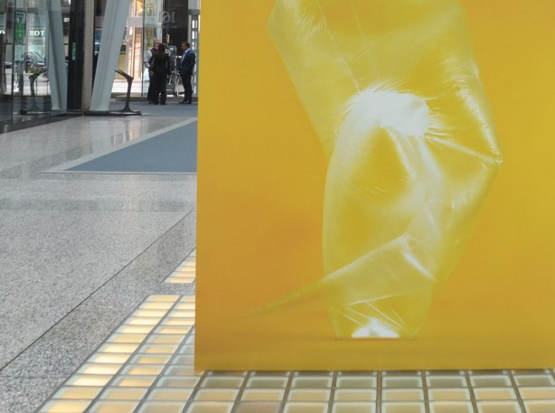 A picture taken inside the Allan Lambert Gallery at Brookfield Place, photos by Sjoerd Knibbeler, a series called Current Study large pictures standing in the middle of the gallery, as well as series called "Paper Planes" which are hung from the ceiling