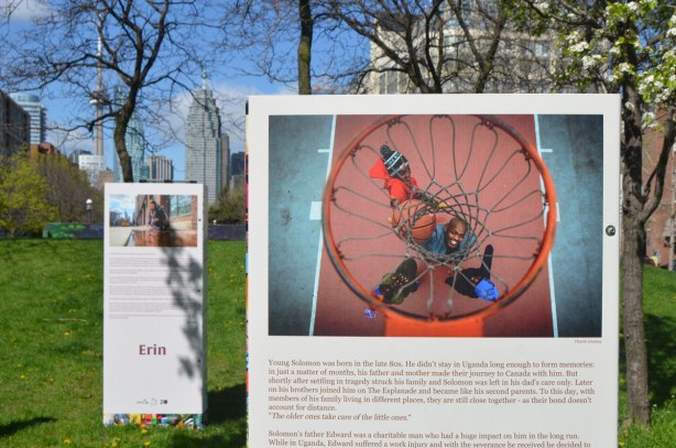 A photo from the CONTACT photography festival, installation called 'Residents of The Esplanade' - photo of Solomon from on top of a basketball hoop
