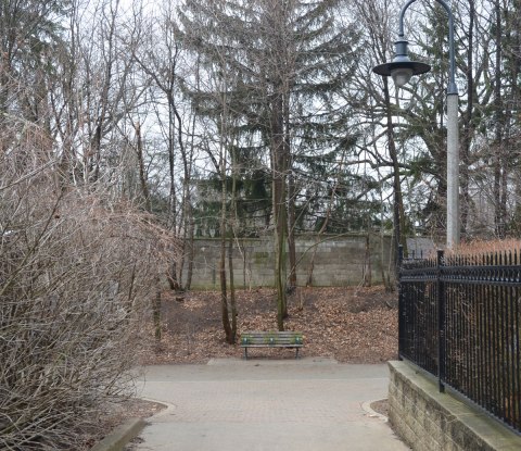 between winter and spring, the snow has melted, there are no leaves on the trees, the weather is grey, looking down a path that comes to an end in front of a bench. Behind the bench are trees, dead leaves on the ground, and a grey stone fence. dreary, grey