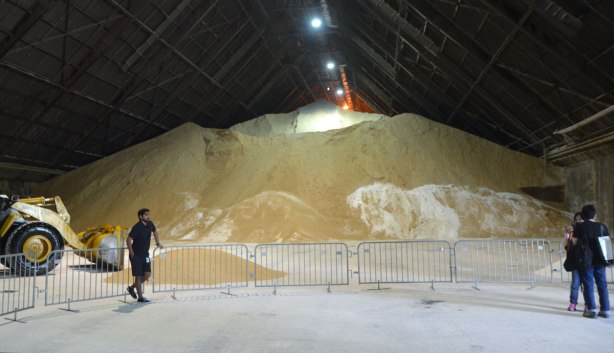 a man is leaning on a temporary metal barricade in front of a very large pile of raw sugar in a large warehouse. 