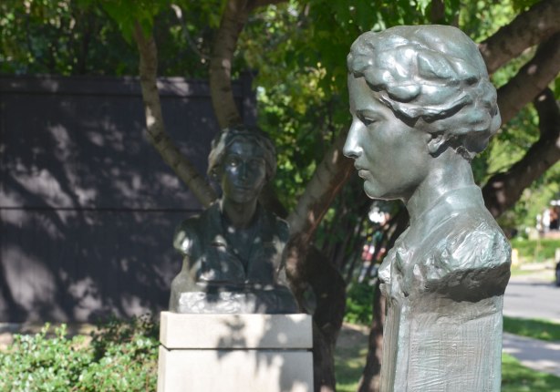 bust of Florence Wyle, a Canadian sculptor, in a park 