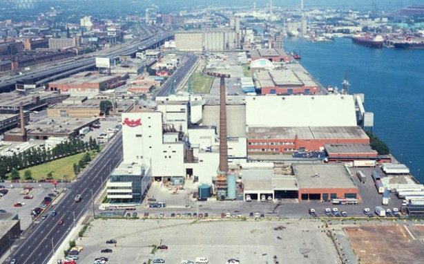 aerial view of the East Wharf portion of the Toronto wateterfront, vintage photo from the 1970's or 1980's