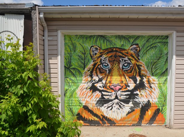 graffiti street art animals painted on garage door in an alleyway - a tiger's head