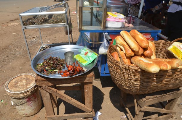 a roadside food stand in Cambodia, selling bbq rats, deep fried crickets, baguettes and snails