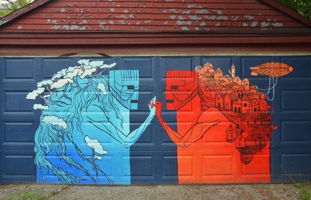 a mural on a garage door, a blue figure on the left and an orange figure on the right. Blue represents nature and red represents the urban city