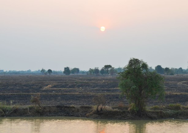 sunset over the Cambodian countryside, river in the foreground, dirt fields and a few trees in the background. 