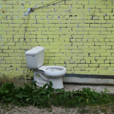 a white toilet, with a lid, sitting beside a yellow painted brick wall with weeds growing up beside the toilet, in a lane